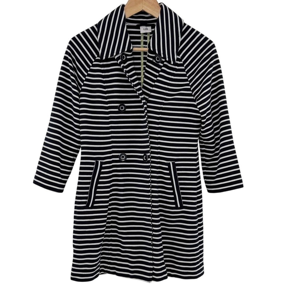 Cabi Striped Knit Trench Coat Navy White Double Breasted 5151 Womens‎ Small